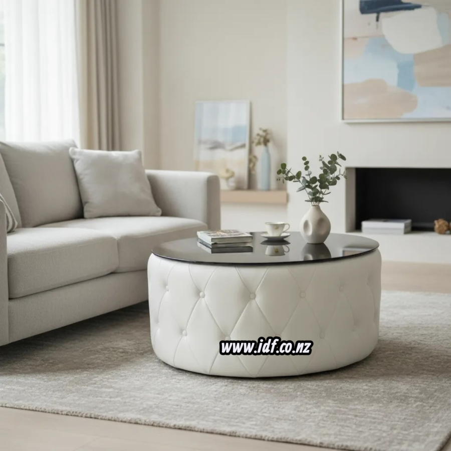 Buy Round Ottoman with Glass Top | Modern White Coffee Table NZ